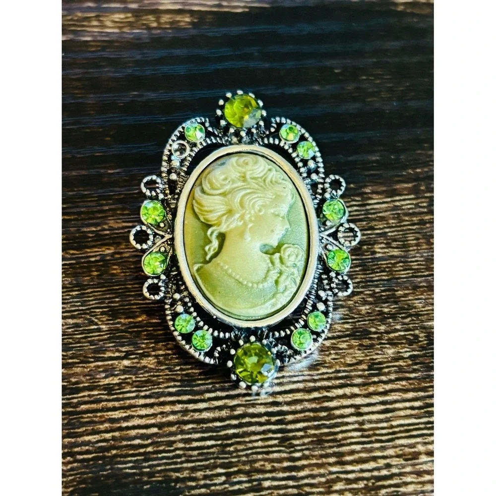 Small Green Cameo Brooch Pin with Sparkling Peridot Accents